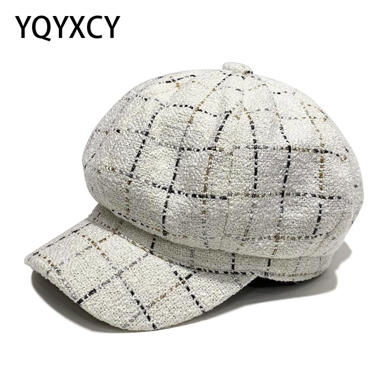 Boina negra para mujer, sombrero octogonal de otoño e invierno, gorra Retro de Pintor británico para mujer, gorra con patrón a cuadros para mujer, gorras, capó Vintage
