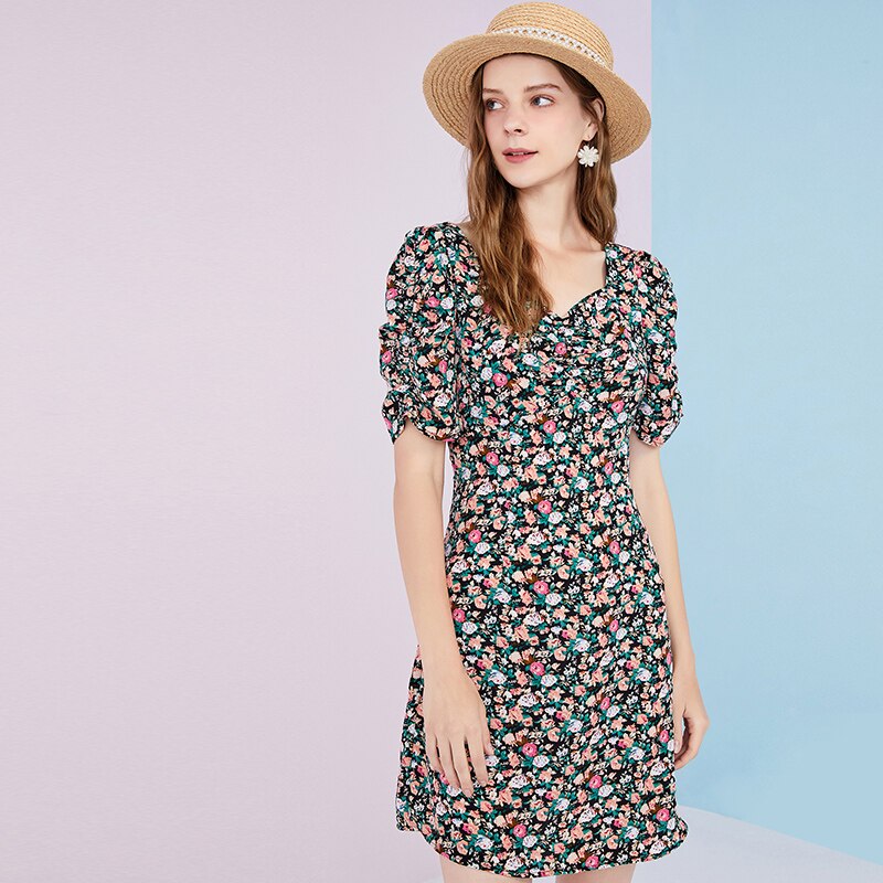 Artka sommar kvinnor klänning franska vintage fyrkant krage klänningar blommigt tryck puff ärm chiffong klänning kvinnor  la25806x: M