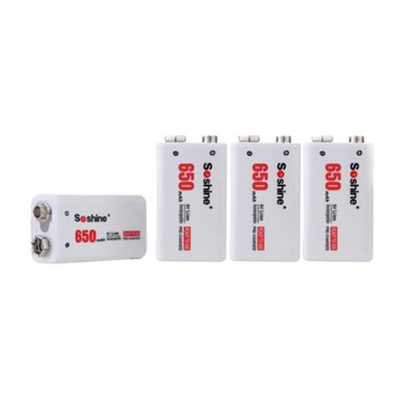 Soshine 1/2/4pcs 650mAh 9V 6F22 Li-ion Lithium Rechargeable Battery for Electronic Smoke Guitar: 4pcs