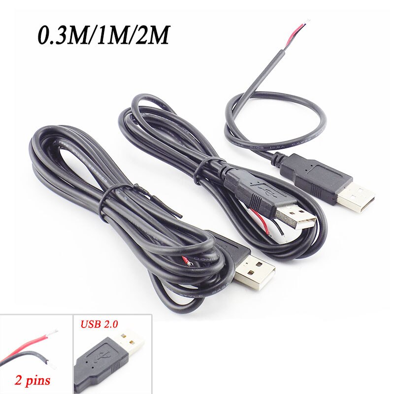5v usb 2.0 2 pin 2 draad diy usb mannelijke jack connector kabel stroom oplaad verlengkabel snoer 0.3m/1m/2m connector adapter