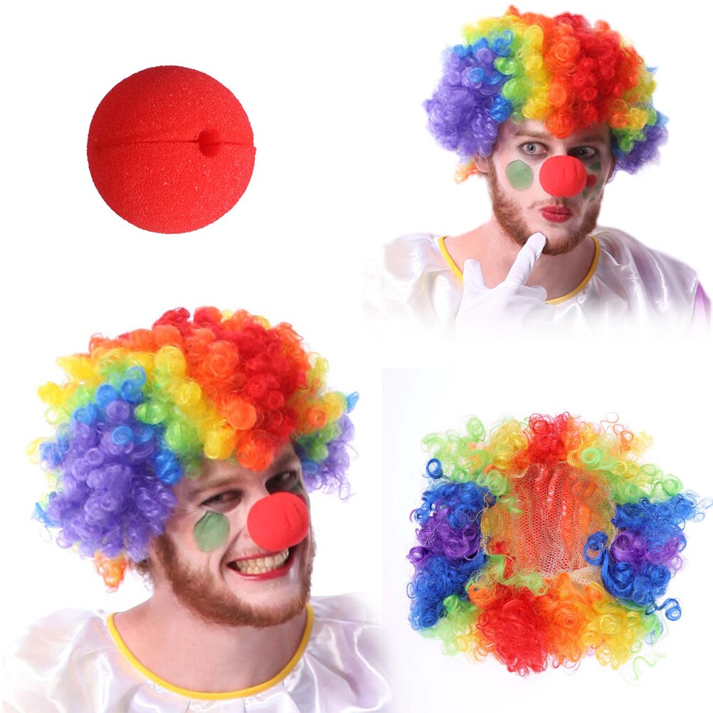Clown Dress Wig Nose Sets Funny Decor Wig Headdress for Kid Adult Child