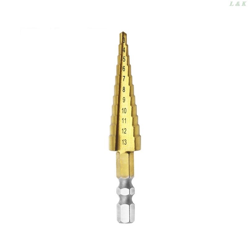 3-13mm HSS Titanium Coated Step Drill Bit Cone Hex Shank Reaming Power Tool Wood
