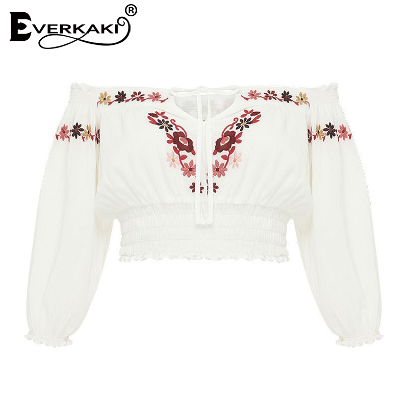 Everkaki Boho Floral broderie femmes Blouse hauts courts hors épaule à lacets Vintage gitane Top Blouses femme automne: Default Title