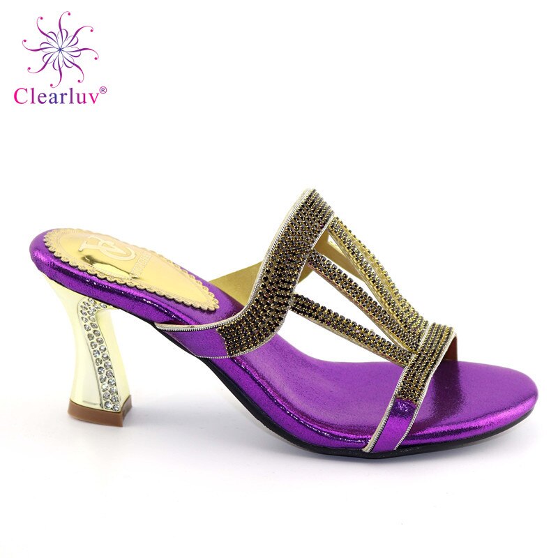 Zilveren Kristal Schoenen Slipper Pu Leer Met Strass Afrikaanse Vrouwen Mode Schoenen Zonder Tas Set Mooi Schoenen Voor Party: Paars / 39