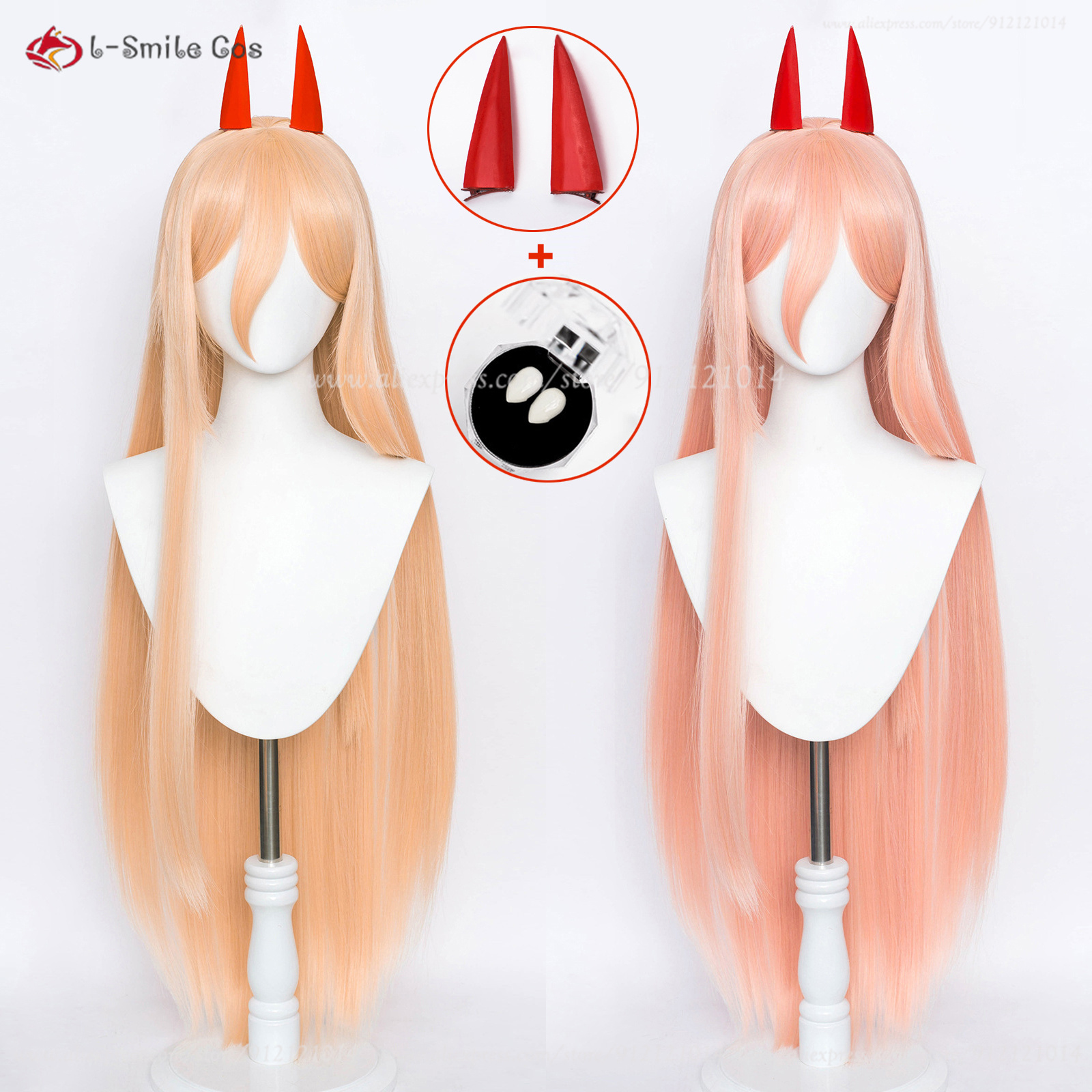In Stock Anime Power Wig Cosplay Long Type 2 Color Orange/Pink Hair Heat Resistant Makima Power Wigs Props Horns Teeth + Wig Cap