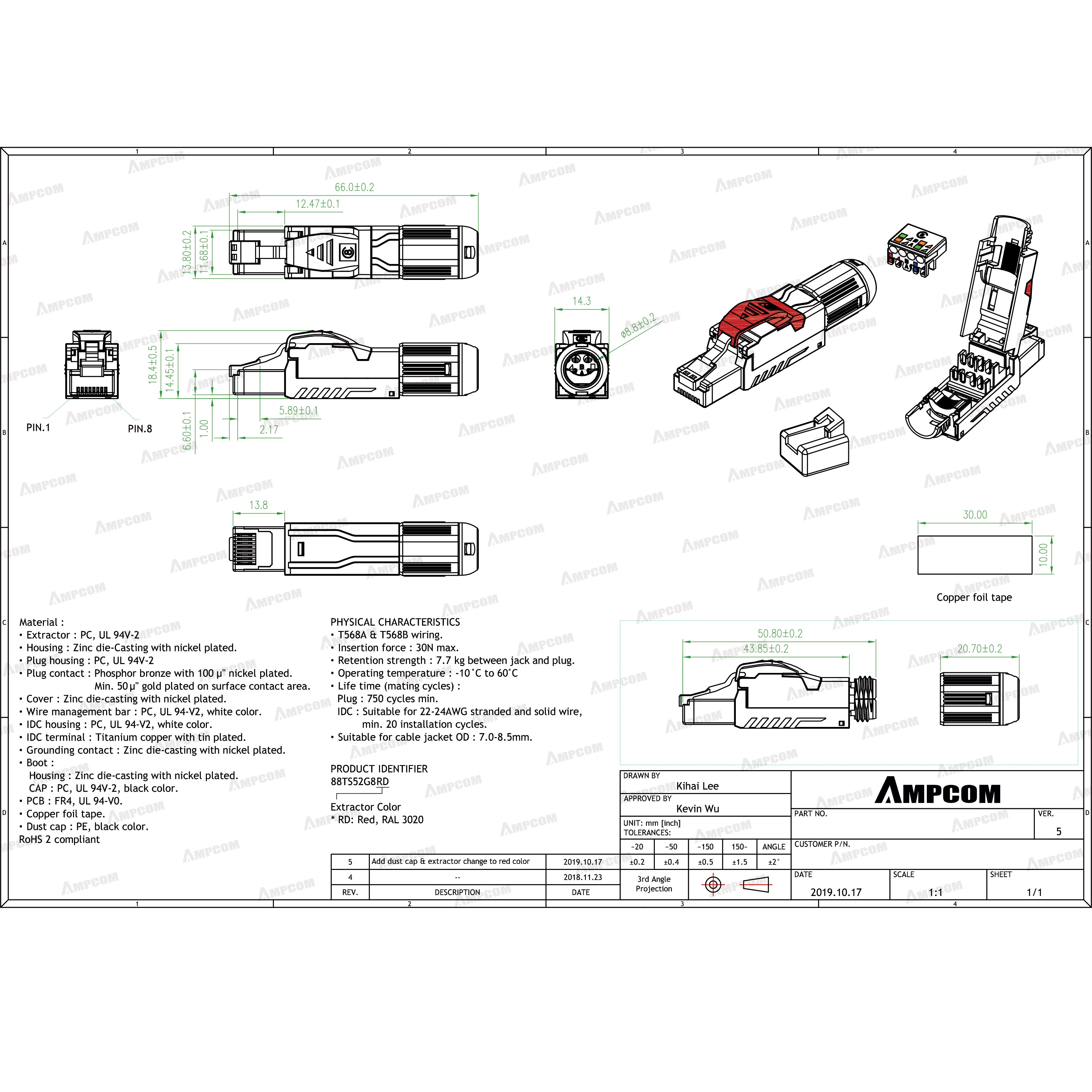 AMPCOM-Herramienta de terminación de campo de enchufe Modular blindado Cat8, sin herramienta, 40G, 2Ghz, 22-24AWG, compatible con Cable Cat7A y Cat8, 2 uds.