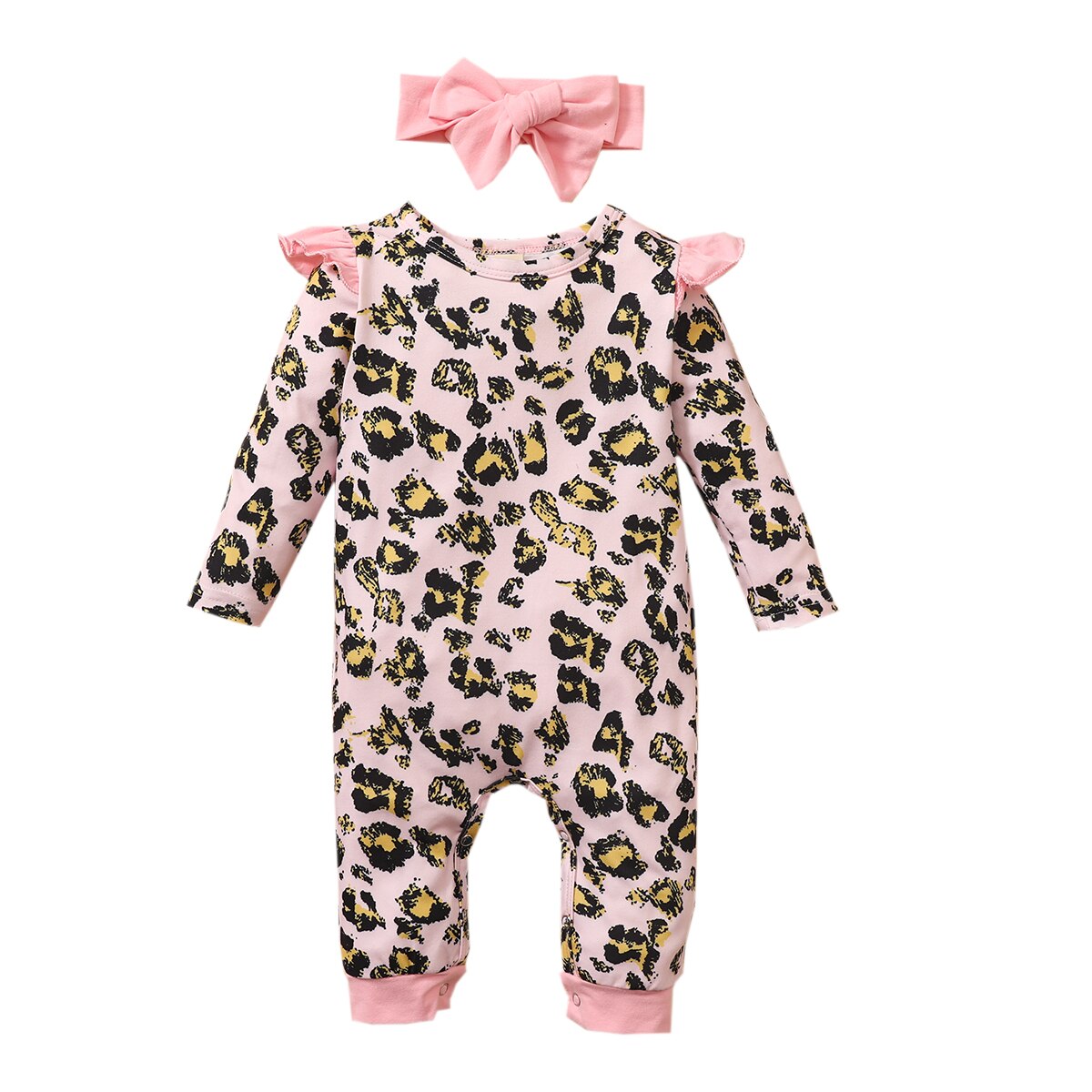 Porte-bébé 2 pièces filles garçons automne barboteuse imprimé fleuri/léopard col rond à volants manches longues combinaison + bandeau nœud: A / 9M
