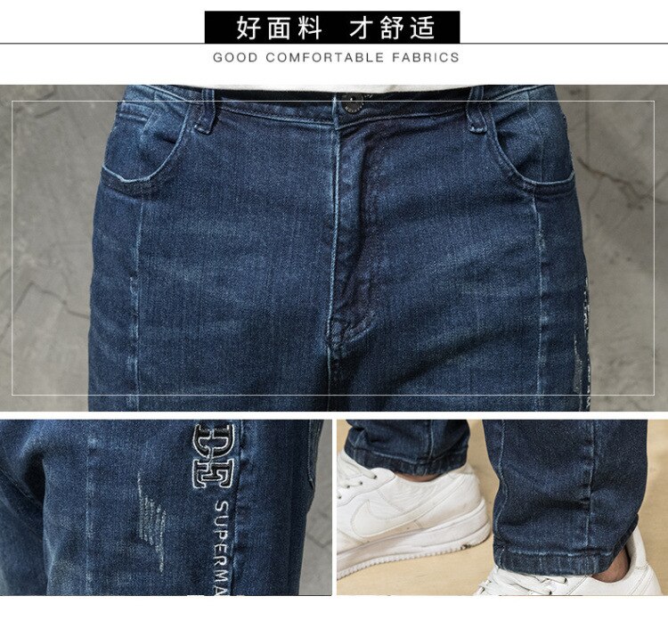 Plus size vægt 100kg mænds afslappede jeans bomuldsblandet strækstof plisseret udhuling udendørs gade fede mænd afslappet