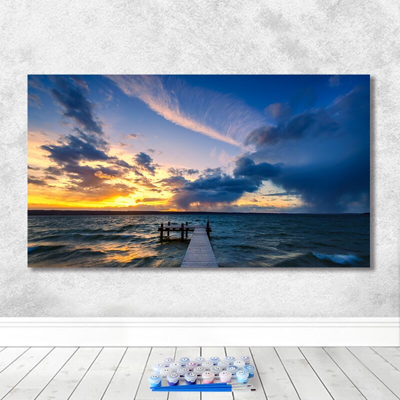 Schilderen op nummer kunst handgetekende illustratie landschap schemering lucht roze wolken huis gang decoratief schilderij: 5727 / 48 x 80cm zonder frame