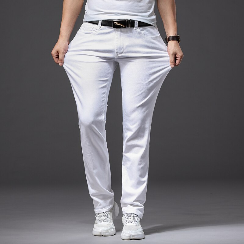 Pantalones vaqueros blancos cómodos para hombre, jeans ajustados de estilo clásico informal, a la , de avanzada, elásticos, para las cuatro estaciones