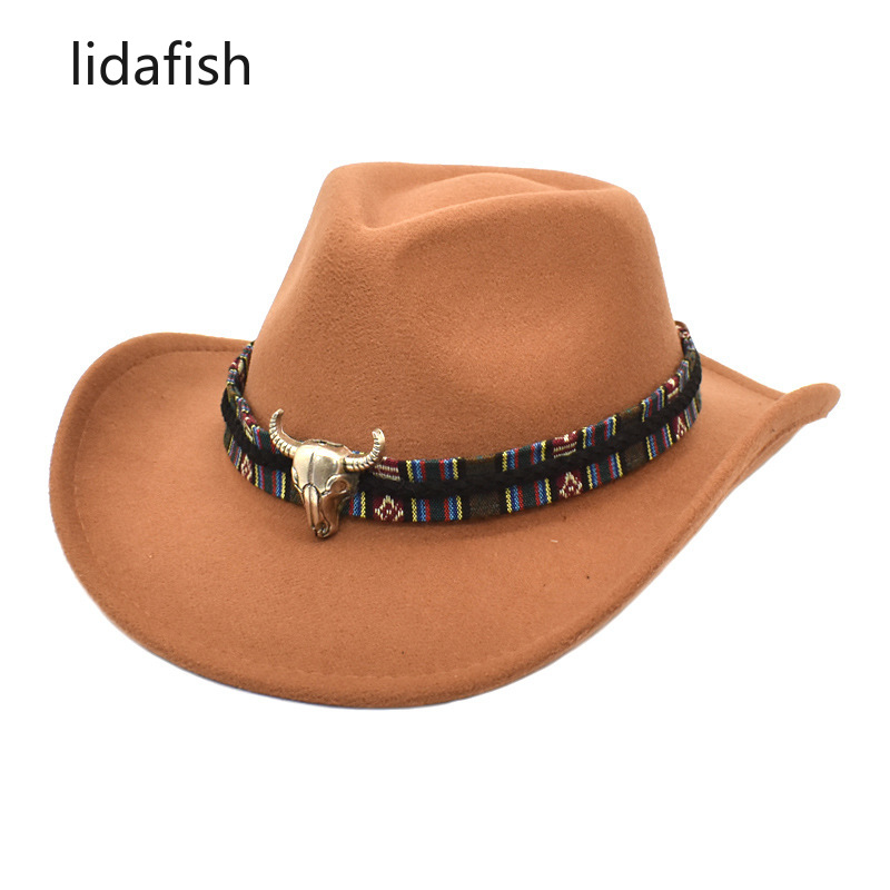 Lidasfish-Sombrero de vaquero occidental de ala ancha con banda para la Cabeza de Vaca, sombreros de Jazz de fieltro para hombre y mujer, gorra de Panamá negra, Otoño e Invierno
