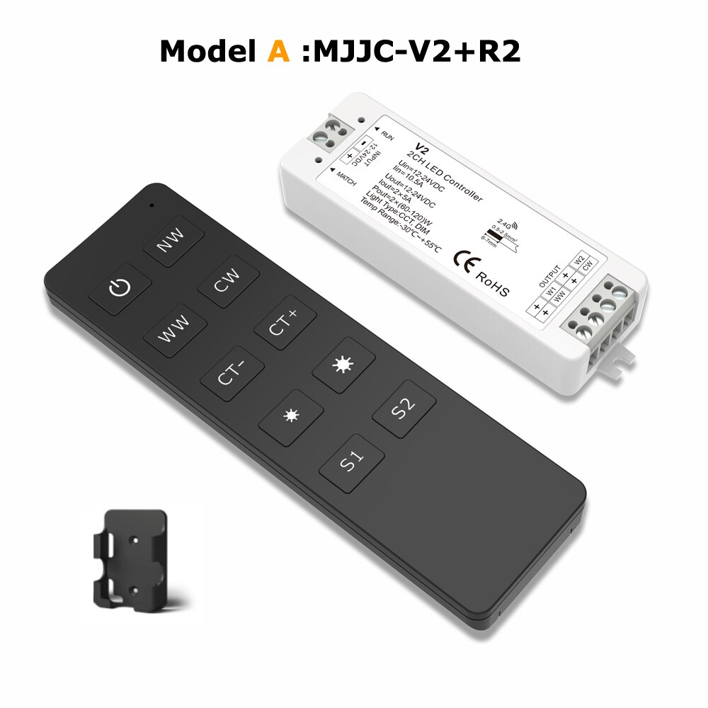 WW CW LED Controller 12 v 24 v 10A 2CH 2.4g Enkele Kleur CCT Licht Strip LED Dimmer Controller RF Draadloze Afstandsbediening met Houder V2: Model A- V2 and R2