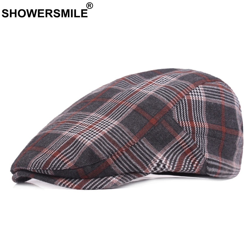Showersmile röd rutig baskerhattar för män kvinnor rutiga platta kepsar bomullsbasker manlig klassisk brittisk stil vintage justerbara hattar