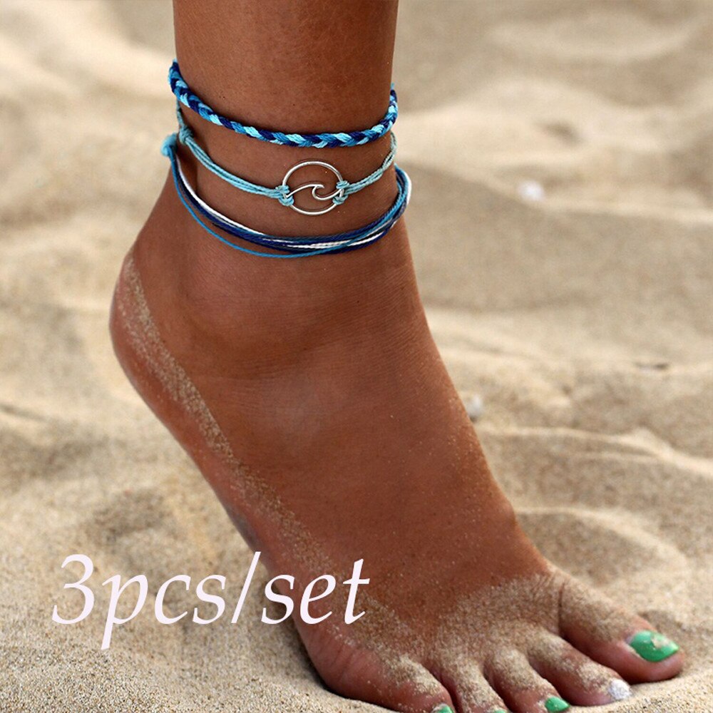 3pcs Bohemia Blue Wave Ankle Bracelet Rope Beach Anklet Jewelry Anklets For Women Accesories boho Leg Bohemian Chain