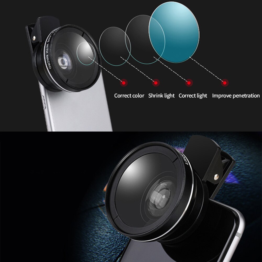 Lente 2 en 1 de 37mm, Clip Universal para teléfono móvil, lente Super gran angular de 0.45x 49uv + lente Macro HD para iPhone y Android