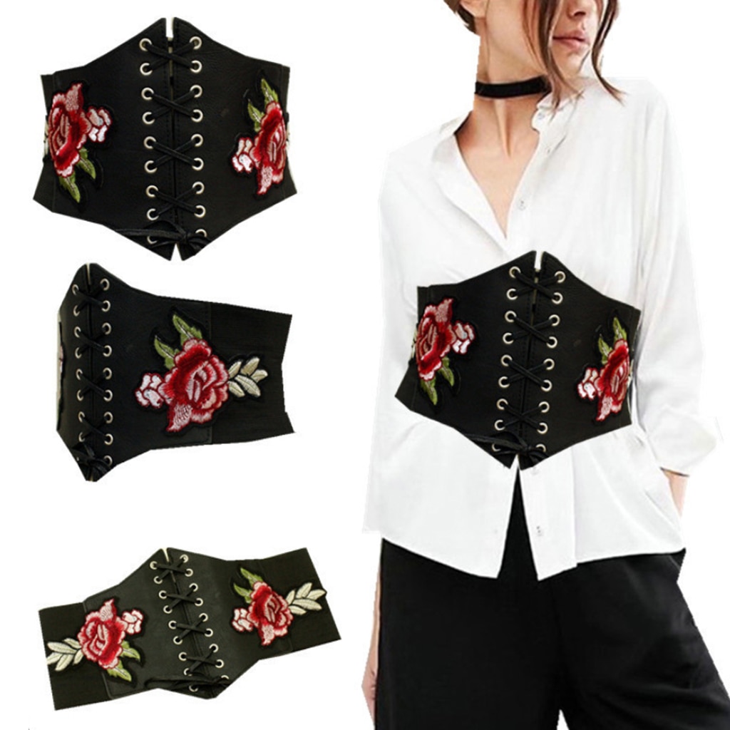 Fashionable Women’s Lace Tie Up Corset Ladies Wide Waist Waistband Rose Embroidered Black Leather Belt