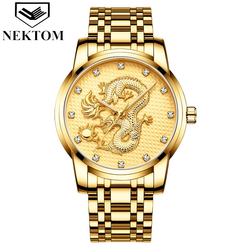 Nektom Heren Horloge Draak Gouden Horloge Waterdicht Diamant Lichtgevende Quartz Horloge China Dragon Horloge Stalen Band Horloge: Default Title