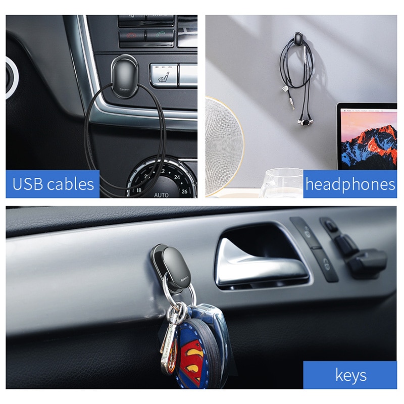 Baseus 4 stuks kabelorganizer, usb-kabelopwinder, kabelbeschermer, kabelclip, zuignap, wandhaken, hanger, autostickerhouder