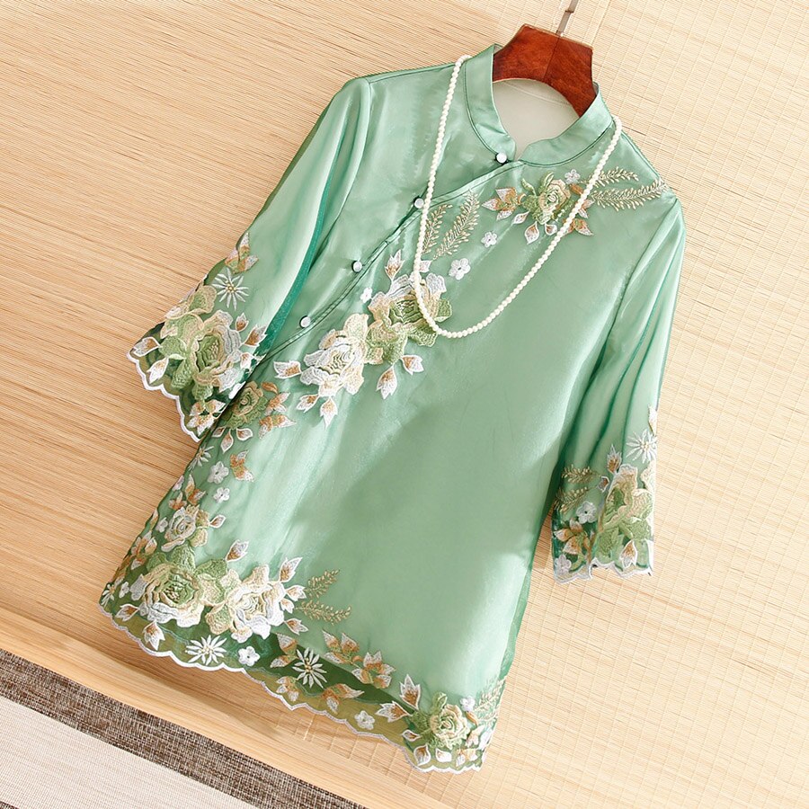 High-end vår sommar kinesisk stil broderi gardenia organza blus skjorta kvinnor lös dam skjorta topp s-xxl: Grön / L