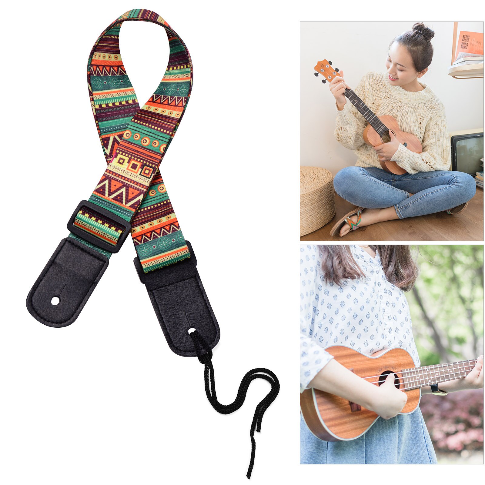 Justerbar ukulele rem blødt polyester skulderbælte med plast spænde hængende reb til ukulele