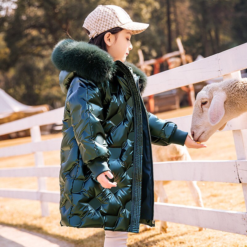 Odzież dla dziewczynek dla dzieci dzieci kurtka zimowa puchowa błyszcząca duża, futrzana bluza z kapturem ciepły, długi płaszcz w stylu kombinezony dziecięce kombinezony śnieżne