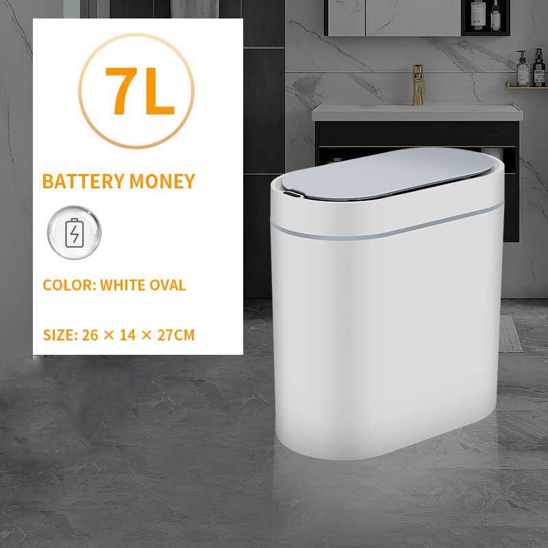 Smart Sensor Trash Bin Household Induction Trash Can Bathroom Waterproof Waste Garbage Bin Toilet Narrow Seam Sensor Rubbish Bin: Battery white 7L