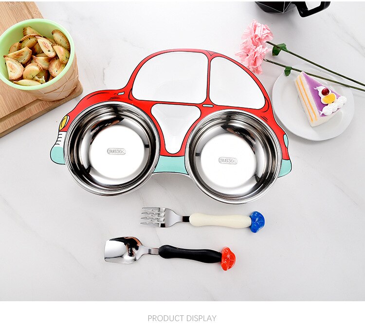 3 pçs/set crianças conjunto de utensílios de mesa pratos aço inoxidável placa alimentação do bebê com colher garfo bonito dos desenhos animados carro forma recipiente comida