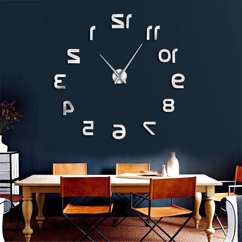 Achterwaarts 3D DIY Grote Wandklok Moderne Reverse Nummers Frameloze Tijd Horloge Luxe Spiegel Effect Grote Naald Omgekeerde Klok