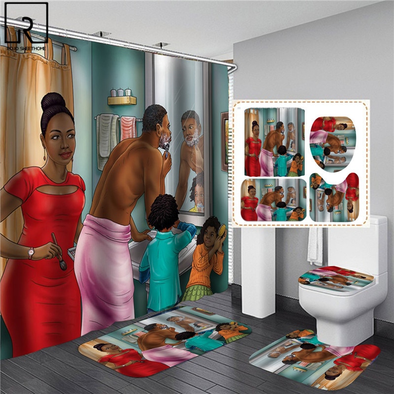 Amerikaanse Happy Familie Print Douchegordijn Polyester Waterdicht Badkamer Gordijnen Zachte Bad Rug Flanel Tapijt Anti-Slip Mat Set