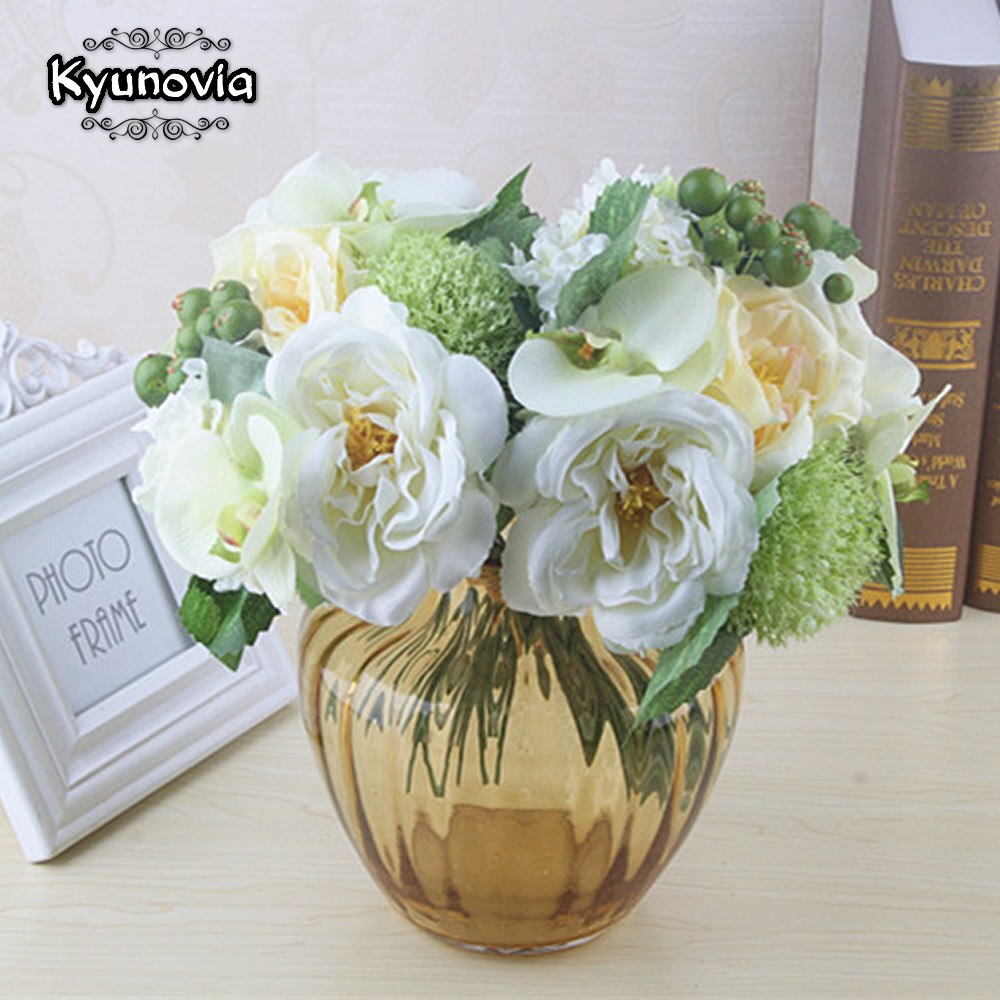 Kyunovia Chic Peony Bouquet Artificial Orchid Wedding Decoration Silk Flowers Natural Bridesmaid bouquet Bridal Bouquet D39