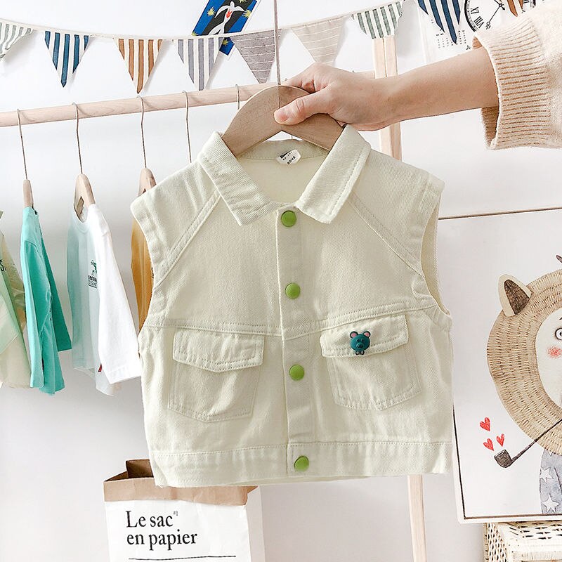 Meisjes Denim Vest Jassen Mouwloze Buttom Lente Kids Kleding Pocket Cartoon Printing Jassen Vest Kinderen Kleding: 80