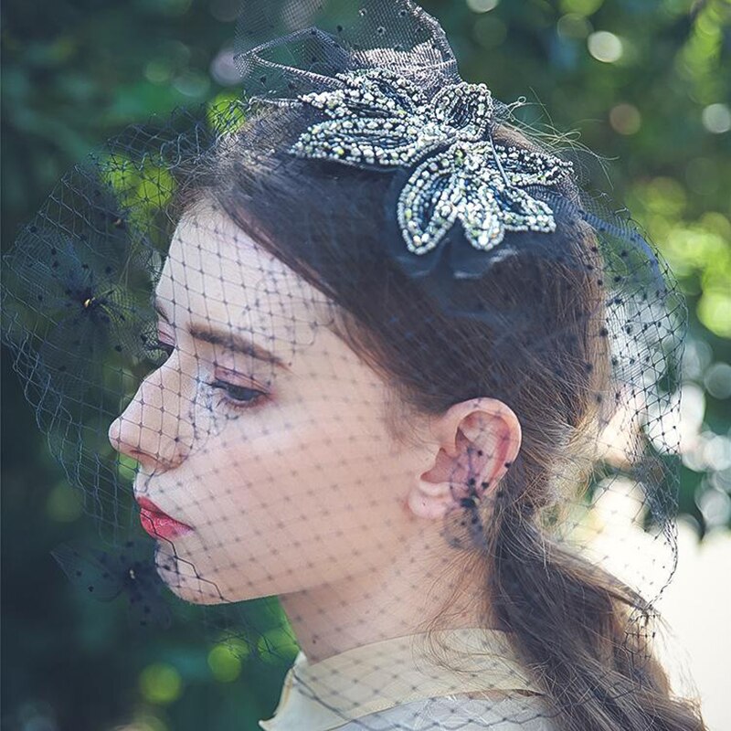 Chapeau de mariée en filet noir Vintage avec des perles cage à oiseaux, fait à la main, accessoires pour fête de mariage pour femmes, voile pour visage