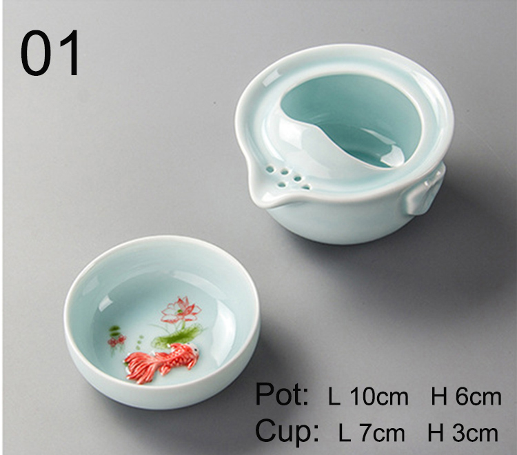 Celadon 3D Carp Travel tea set,Blue gaiwan tea set,Kung Fu Tea set Include 1 TeaPot 1 Cup,Beautiful and easy teapot: 01