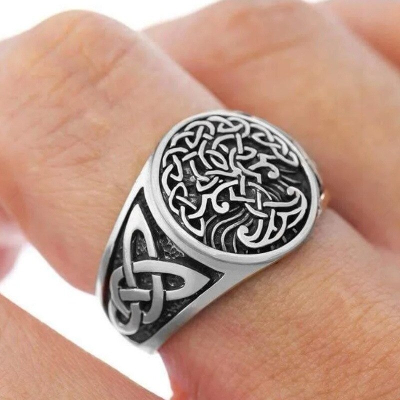 Viking Tree of Life Yggdrasil Celtic Knot Ring Men's Stainless Steel Nordic Amulet Jewelry