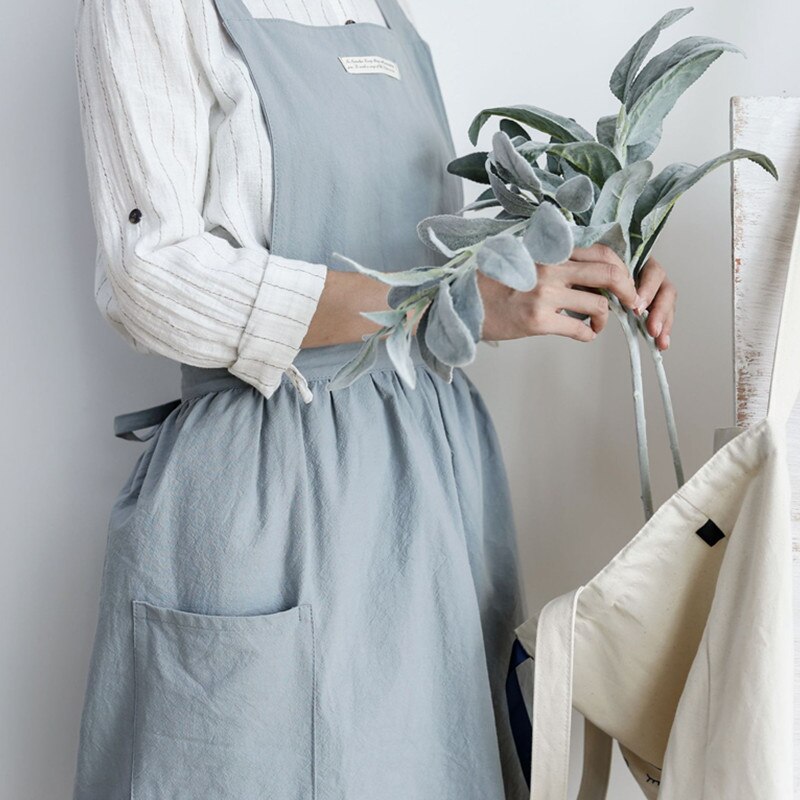 Long Pink Blue Cotton Apron Cafe Barista Restaurant Waitress Bakery Florist Uniform Cook Baking Painting Crafting Work Wear D37: Light Blue