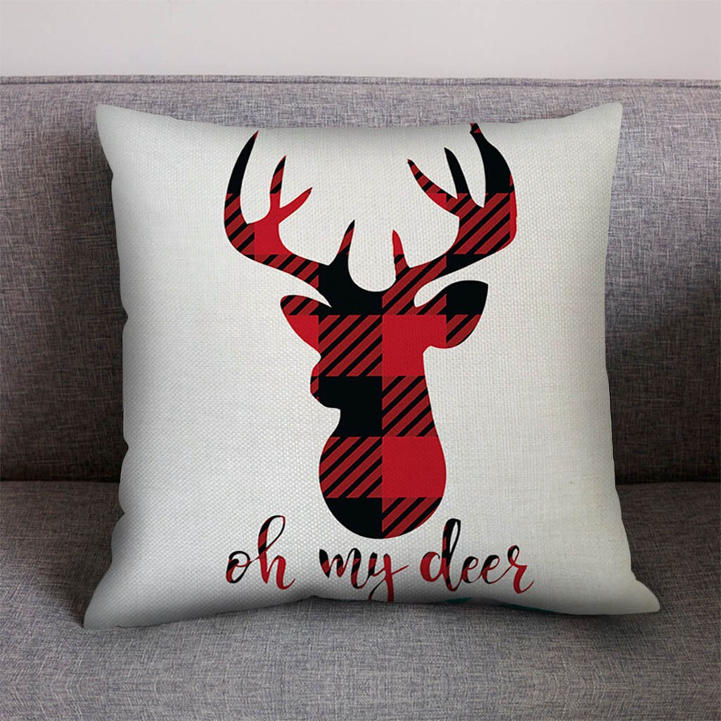 1 ud. Navidad dibujo de cuadros rojo ciervo árbol de Navidad cojín de decoración de sofá algodón Lino funda de almohada cojín hogar sala de estar: B