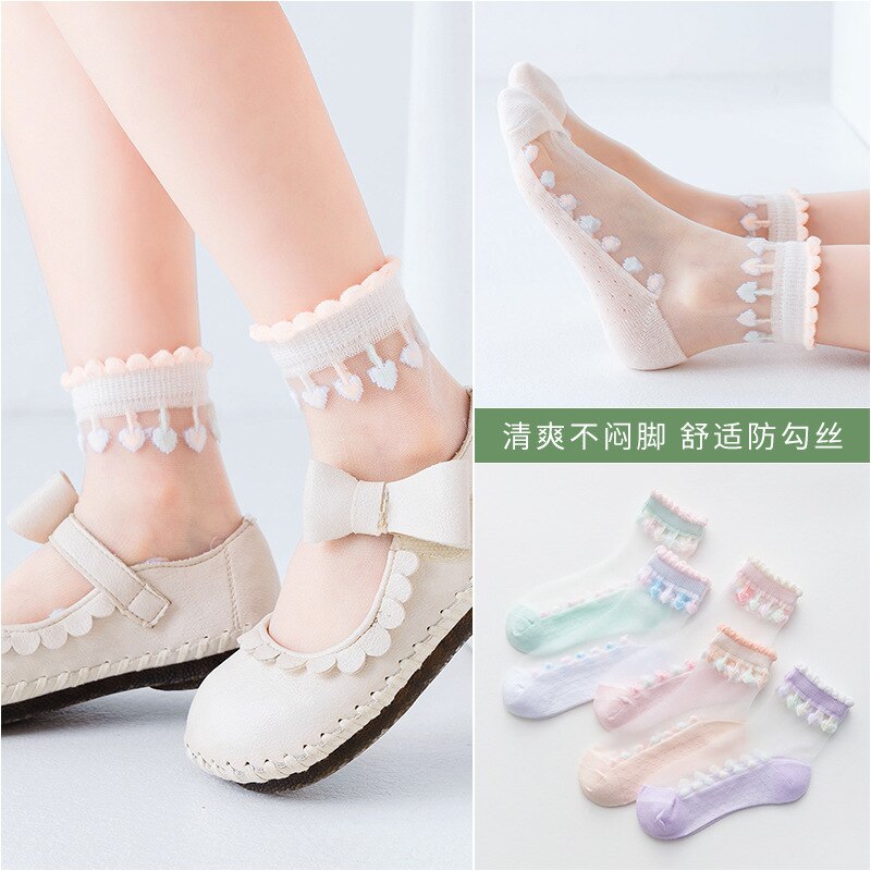5 Paires/lot chaussettes filles printemps et été mince enfants chaussettes en cristal verre d'été glace bas dentelle filles princesse chaussettes