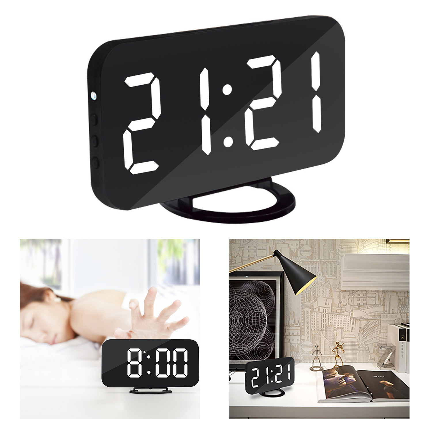 Ipad Phone Charging USB Alarm Clock Digital Clock with Large Easy-Read LED Display Diming Mode Snooze Function Mirror Surface