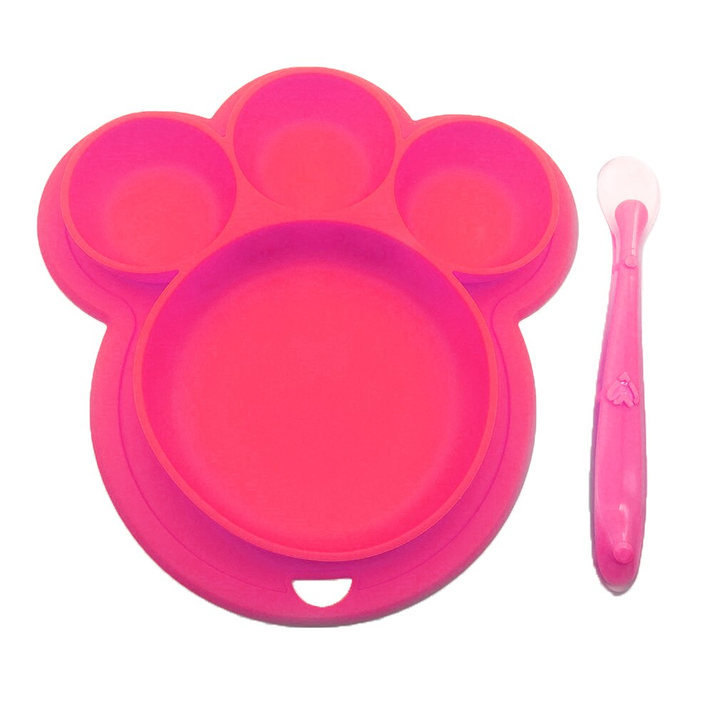Plato de silicona para bebé, platos de alimentación sin BPA, vajilla de entrenamiento con ventosa para bebés, bonitos platos coloridos de oso de dibujos animados para niños: rose red