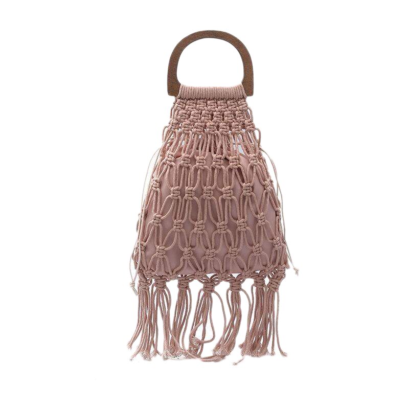 Sac tissé en bois Portable creux coton corde gland plage sac Net sac tricot sac à main: Pink