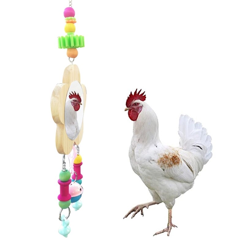 Unbreakable Hanging Bird Mirror Chicken Toys with Bell Wooden Pecking Toy for Chicks Hens Coop