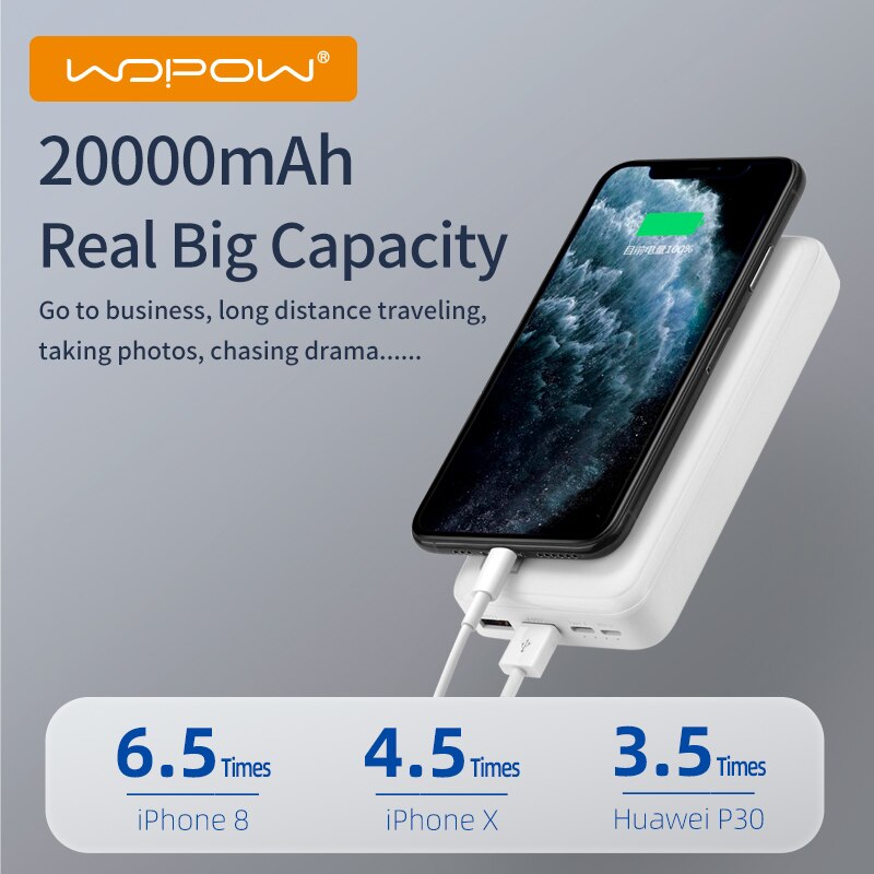 WOPOW Energie Bank 20000 mah Tragbare Ladegerät Poverbank praktisch LED Externe Batterie Ladegerät Energie 20000 mAh für Xiaomi