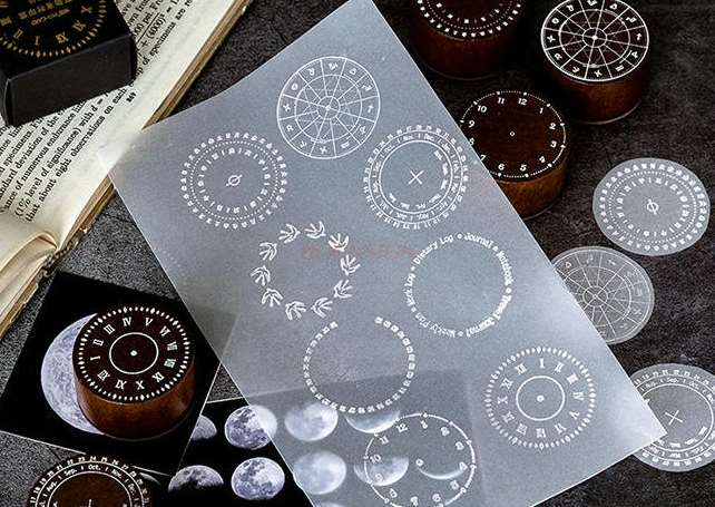 Round wooden seal moon phase perpetual calendar quartz clock sundial handbook decoration tool