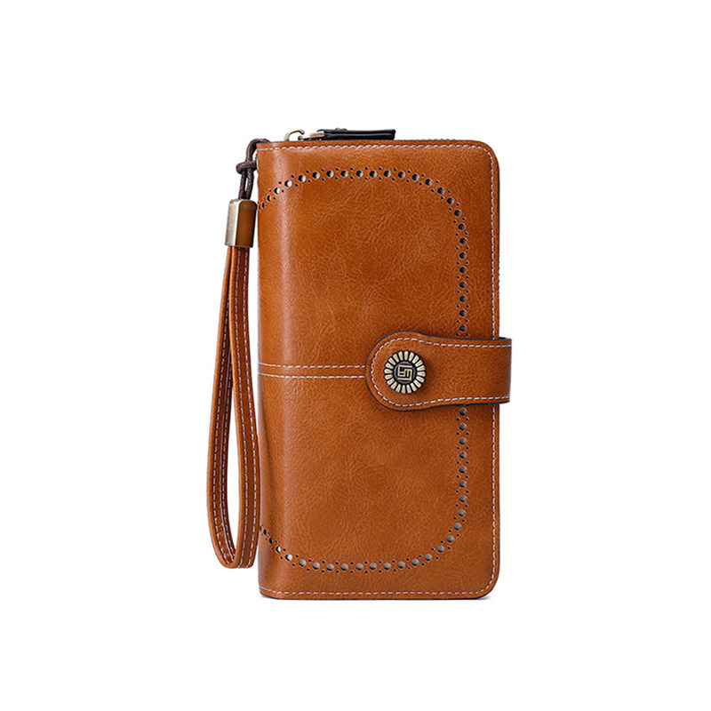 Vintage Ladies Long Leather Wallet Retro Natural Skin Zipper Coin Bag Card Holder Large Capacity Wallet For Girl: black