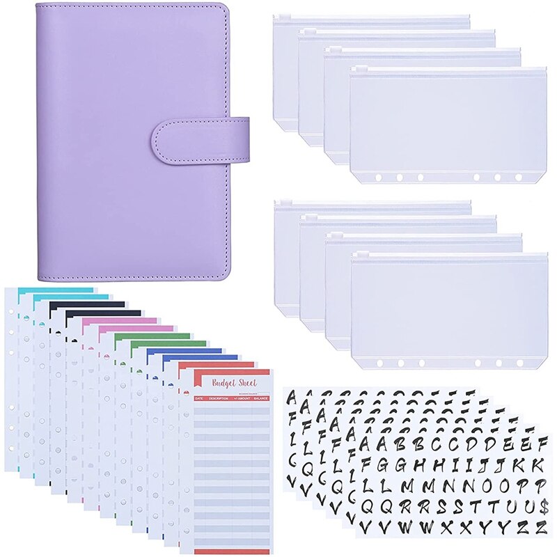 A6 PU Binder Case,with A6 Binder Pockets 12 Expense Budget Sheets Sticker Labels for 26 Categories Ring Budget Binder: Purple
