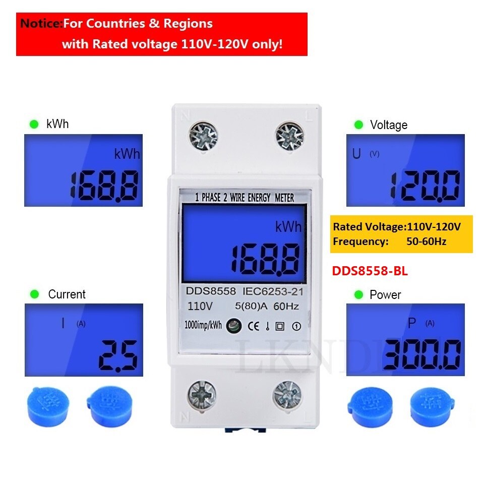 110V 120V 5(80) cyfrowy watomierz zasilanie prądem zmiennym licznik energii szyna hałas KWH miernik napięcia prądu podświetlenie z funkcja resetowania: 110V DDS8558-niebieski