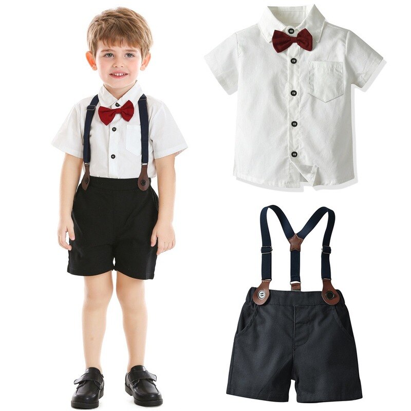 Vestido de graduación para niños, camisa blanca de verano, pantalones cortos con tirantes de manga corta, traje de Boutique de estilo coreano, ropa para niños