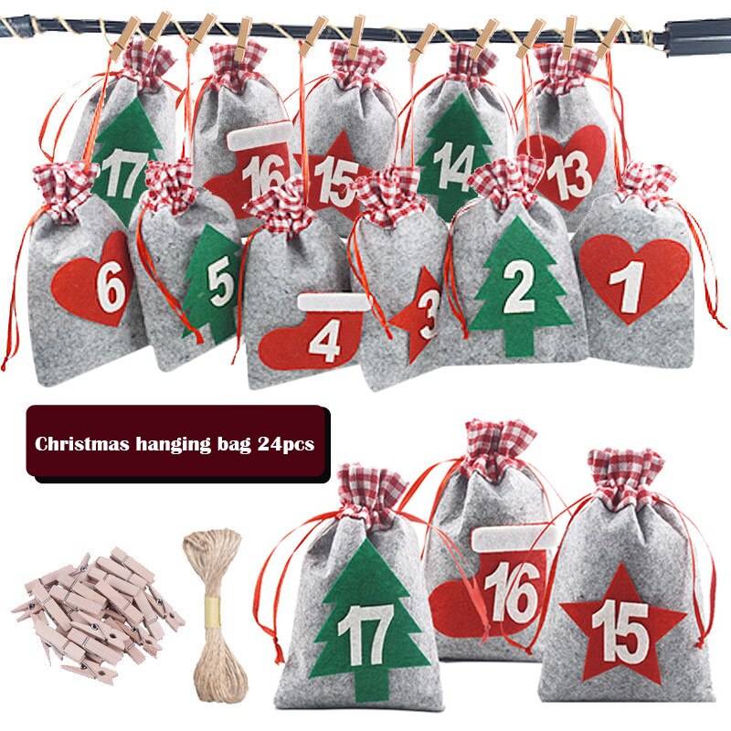 24 Pcs Kerst Countdown Zak Diy Opknoping Kerst Countdown Kalender Voor Kerst Trekkoord Zakken 10X15Cm: Default Title