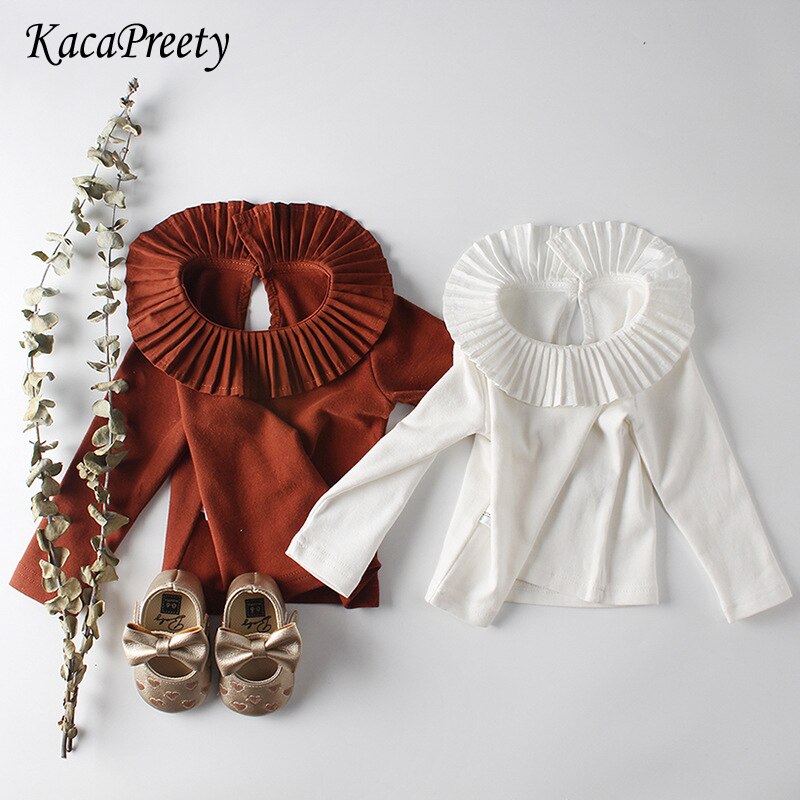 Weiche atmungsaktive wenig Baby hemd plissee kragen lange Ärmel Kleinkind t hemd Frühling herbst kleinkind Spitzen freundlicher Outfits 0- 24 mt