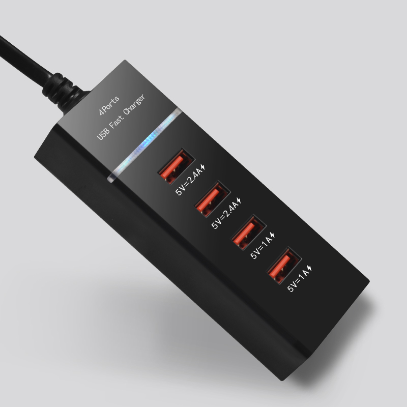 CinkeyPro 4-Ports USB Charger with LED Light Table Adapter Mobile Phone Fast Charging for iPhone iPad Samsung Universal: Black